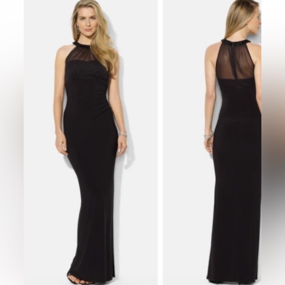 Lauren Ralph Lauren beaded mesh illusion halter gown size 12